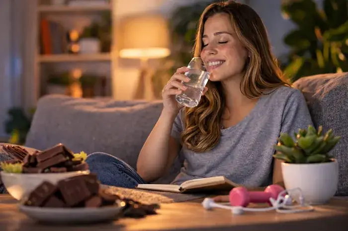 Mujer sonriente cambiando el patrón del antojo con una acción positiva