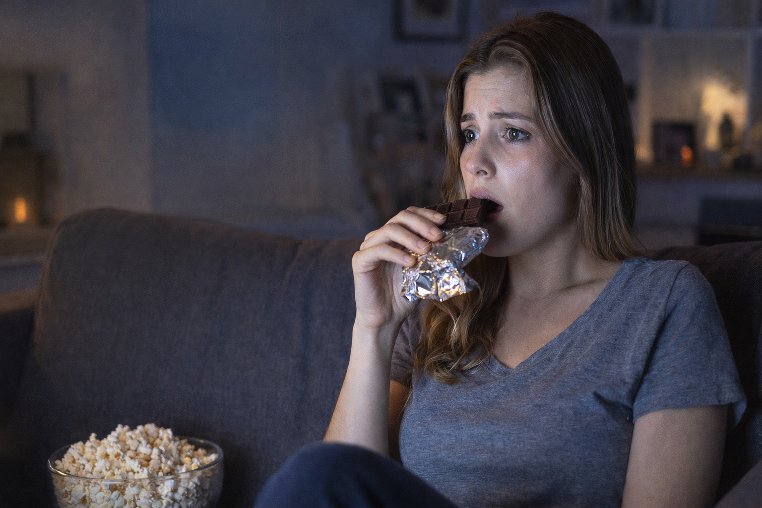 Mujer en el sofá de noche sintiendo antojo de dulce